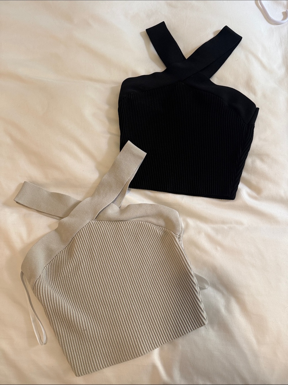 Aritzia Ribbed Cross-Strap Crop Top - Black and Light Beige